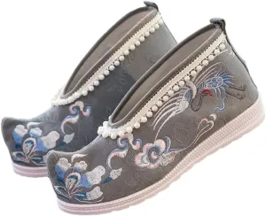 Pearls Chains Women Cotton Fabric Hanfu Flat Shoes Chinese Tradition Embroidered Platform Shoes For Ladies Wedding