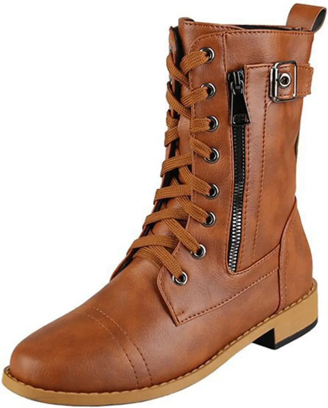 PURCHAWEE Women's Vintage Leather Flat Heel Mid Knee High Boots,Slouchy Non-slip Side Zipper Buckle Combat Boots Cowgirl Rider Boots