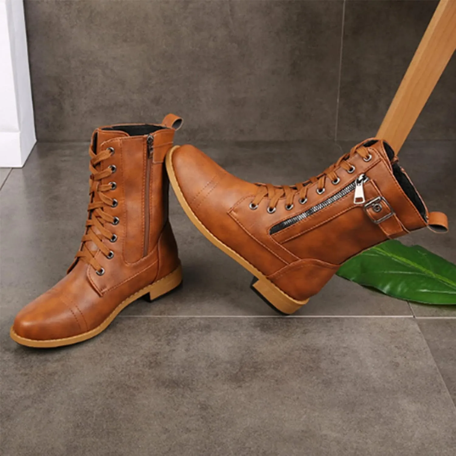 PURCHAWEE Women's Vintage Leather Flat Heel Mid Knee High Boots,Slouchy Non-slip Side Zipper Buckle Combat Boots Cowgirl Rider Boots