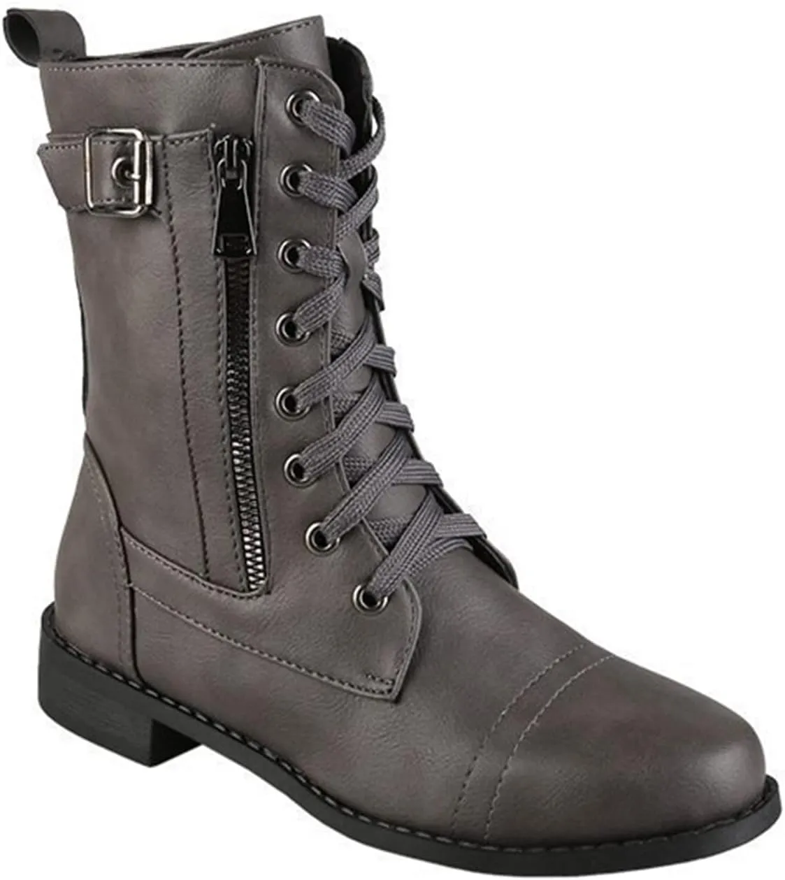PURCHAWEE Women's Vintage Leather Flat Heel Mid Knee High Boots,Slouchy Non-slip Side Zipper Buckle Combat Boots Cowgirl Rider Boots