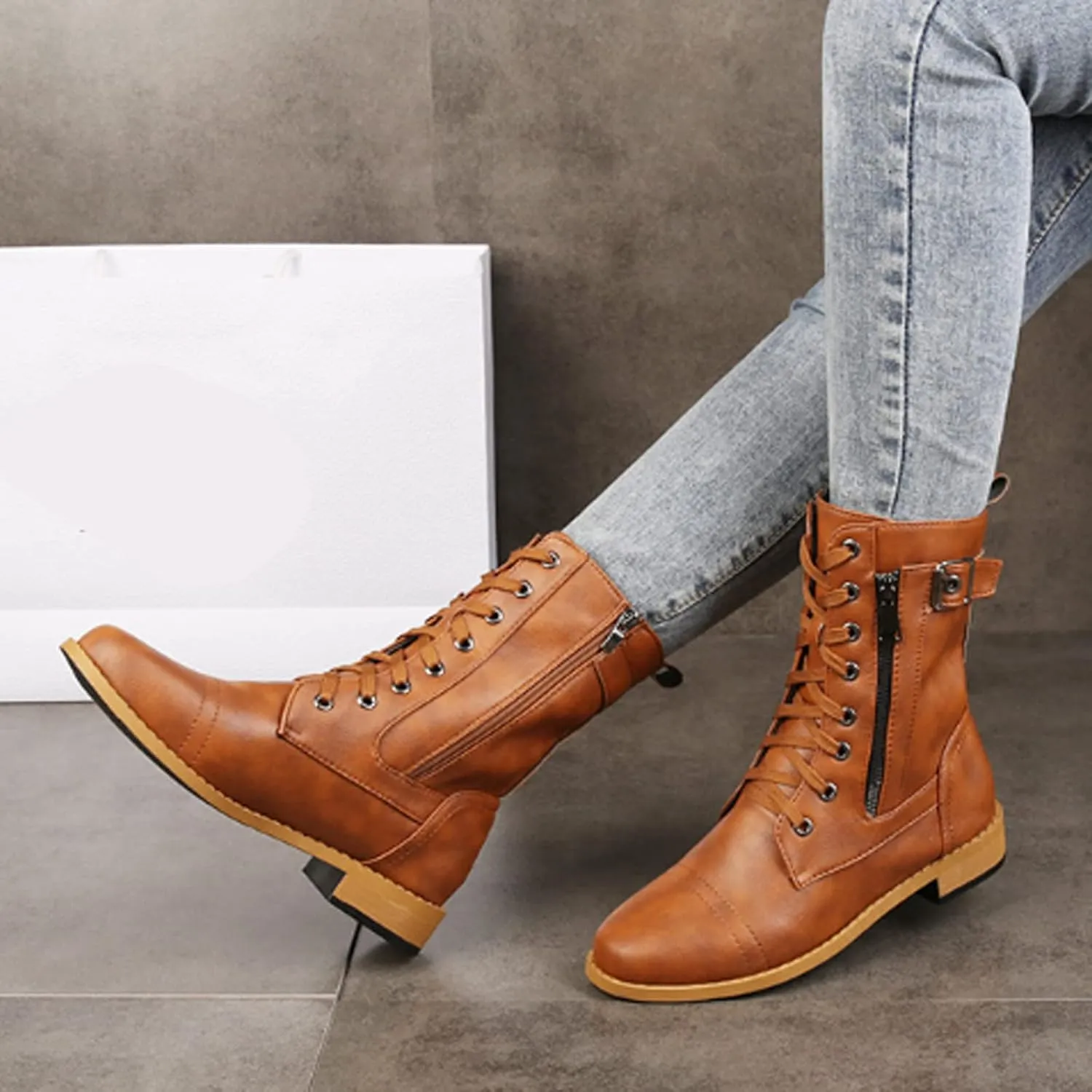 PURCHAWEE Women's Vintage Leather Flat Heel Mid Knee High Boots,Slouchy Non-slip Side Zipper Buckle Combat Boots Cowgirl Rider Boots