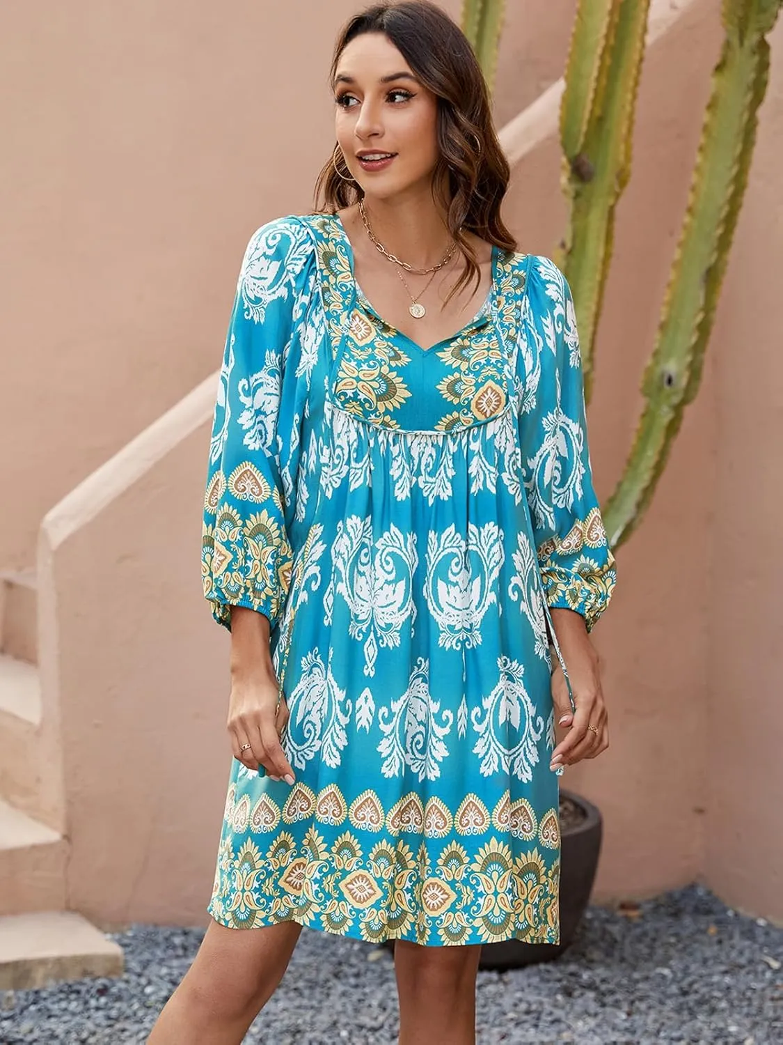 Qearal Womens Casual V Neck 3/4 Sleeve Boho Floral Printed Loose Short Mini Summer Beach Dress