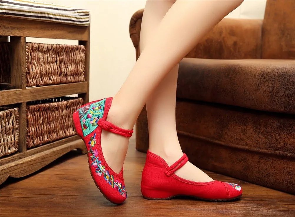 Qhome Women's Fashion Floral Embroidery Fan Pattern Walking Casual Mary Jane Flat Shoes