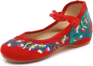 Qhome Women's Fashion Floral Embroidery Fan Pattern Walking Casual Mary Jane Flat Shoes