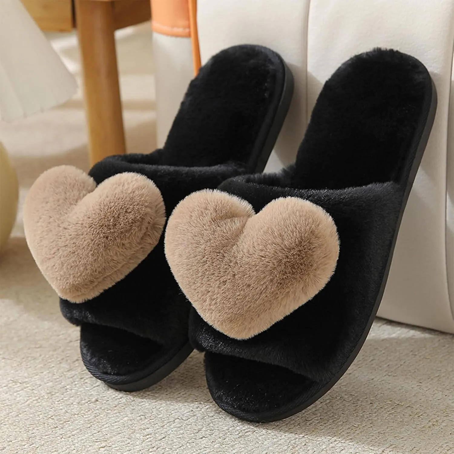 Rteyno Women's Fuzzy Slippers 3D Heart Open Toe Non-slip Soft Sole House Shoes Girl Ladies Indoor Outdoor Shoes