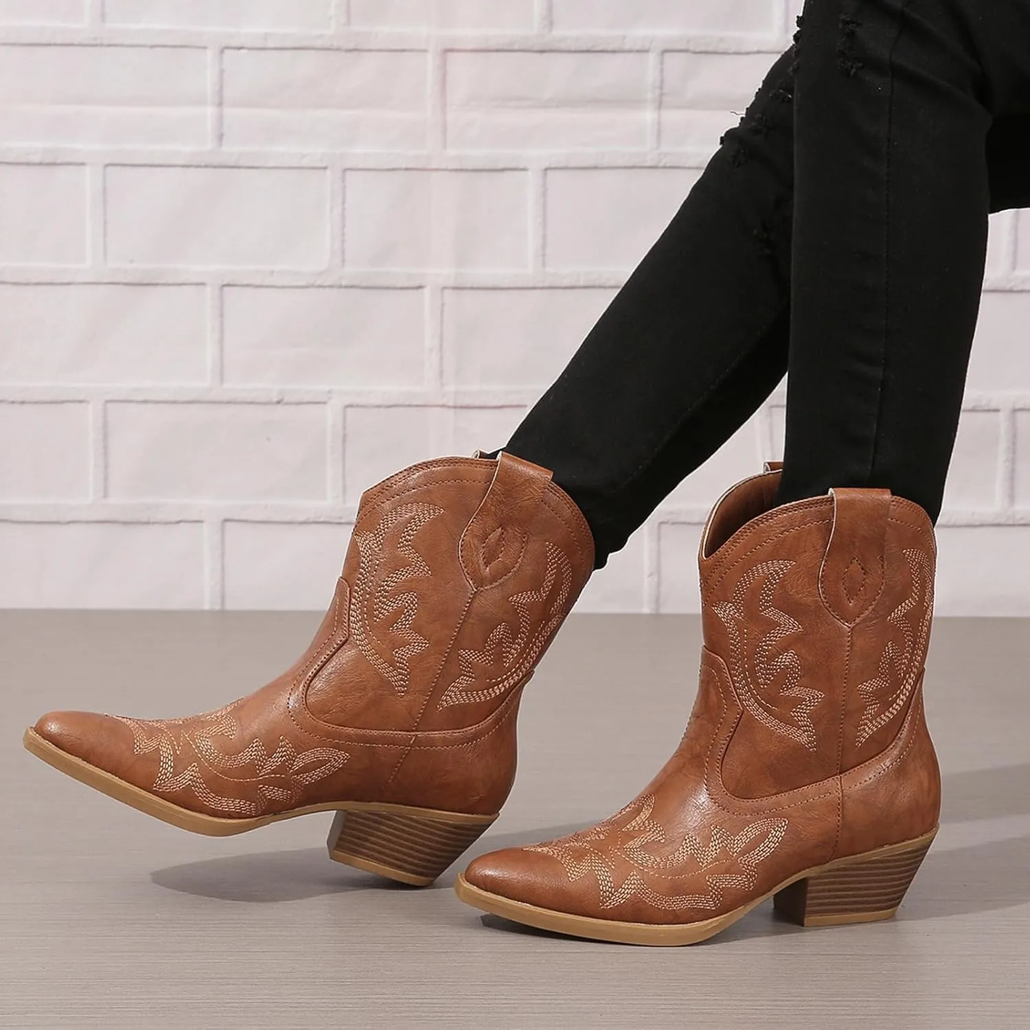 SACFOF Cowgirl Cowboy Boots for Women Wide Calf Western Ankle Boots Booties Stitched Embroidered Pointed Toe Short Chunky Heel Pull On Boots
