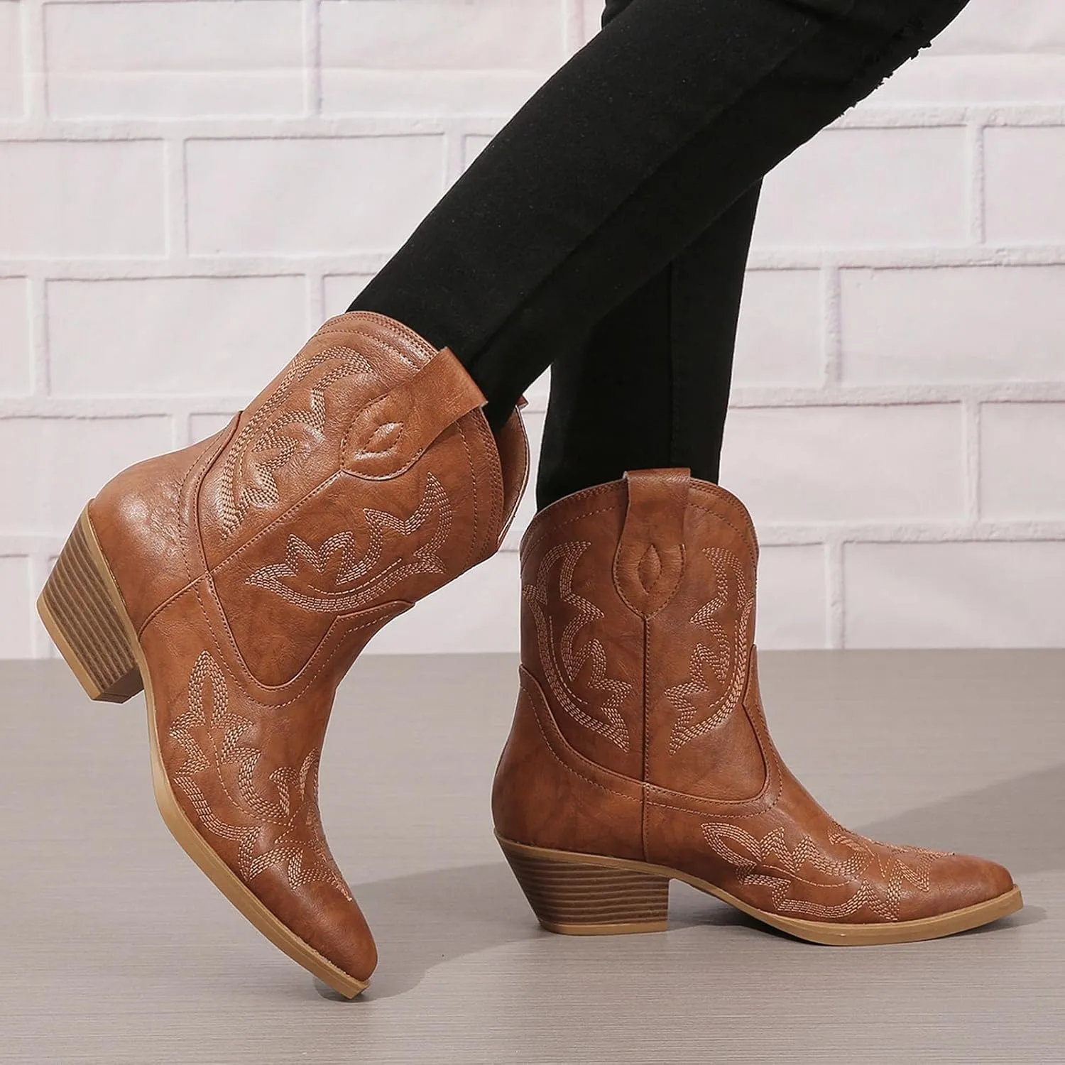 SACFOF Cowgirl Cowboy Boots for Women Wide Calf Western Ankle Boots Booties Stitched Embroidered Pointed Toe Short Chunky Heel Pull On Boots