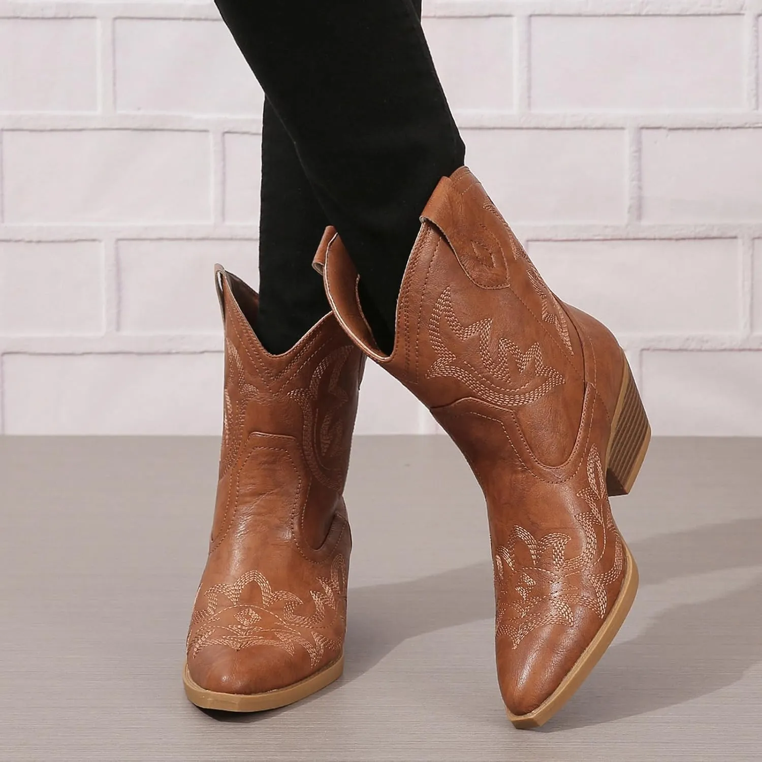SACFOF Cowgirl Cowboy Boots for Women Wide Calf Western Ankle Boots Booties Stitched Embroidered Pointed Toe Short Chunky Heel Pull On Boots