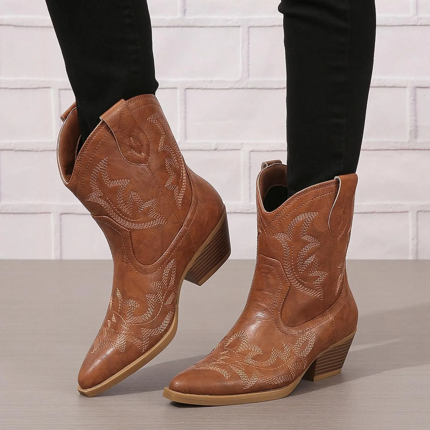SACFOF Cowgirl Cowboy Boots for Women Wide Calf Western Ankle Boots Booties Stitched Embroidered Pointed Toe Short Chunky Heel Pull On Boots