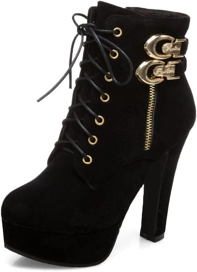 SACFOF High Heel Boots for Women,Wedges Platform Lace Up Biker Boot Heels Sexy Round Toe Buckle Chunky High Heel Mid Calf Boots