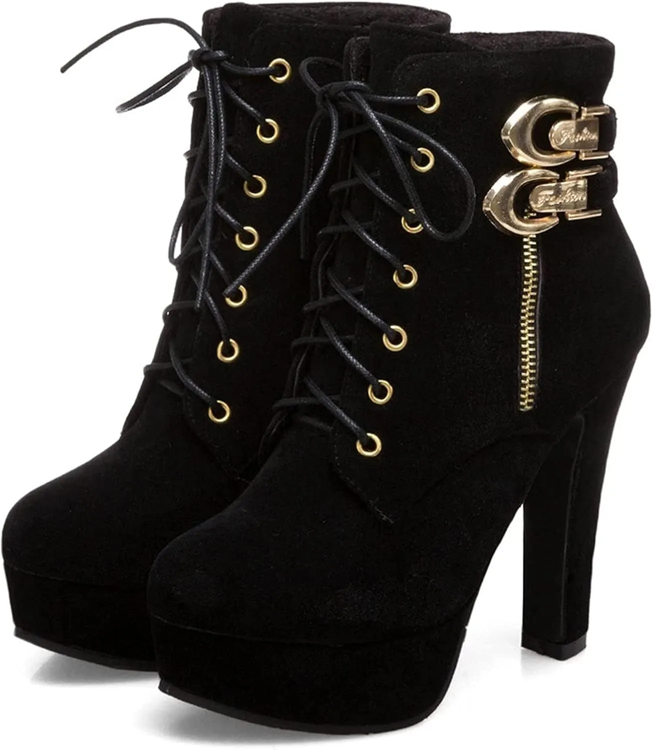 SACFOF High Heel Boots for Women,Wedges Platform Lace Up Biker Boot Heels Sexy Round Toe Buckle Chunky High Heel Mid Calf Boots