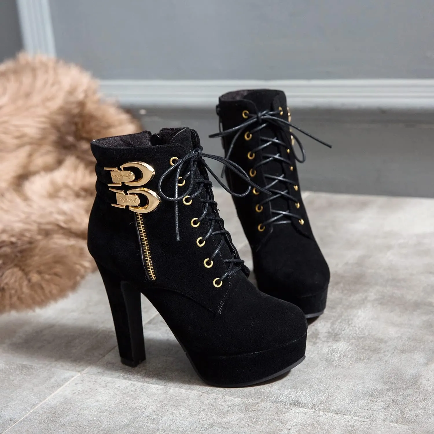 SACFOF High Heel Boots for Women,Wedges Platform Lace Up Biker Boot Heels Sexy Round Toe Buckle Chunky High Heel Mid Calf Boots