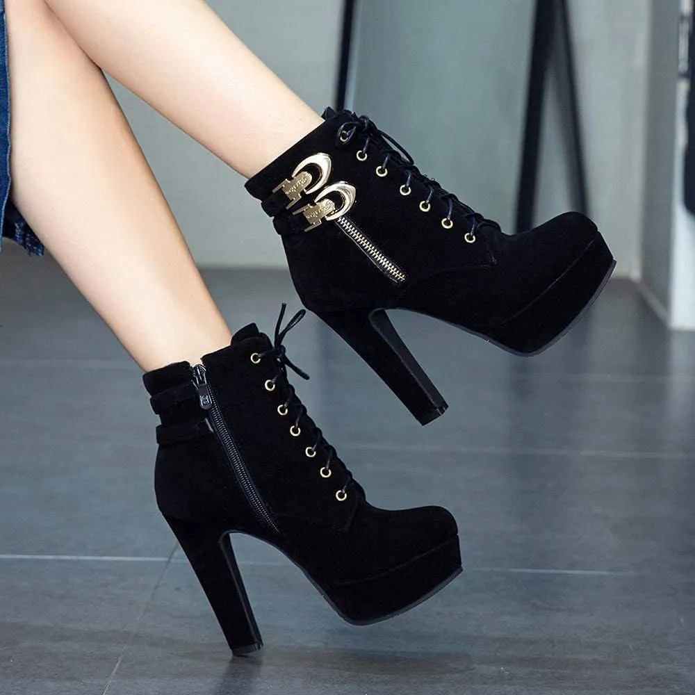 SACFOF High Heel Boots for Women,Wedges Platform Lace Up Biker Boot Heels Sexy Round Toe Buckle Chunky High Heel Mid Calf Boots