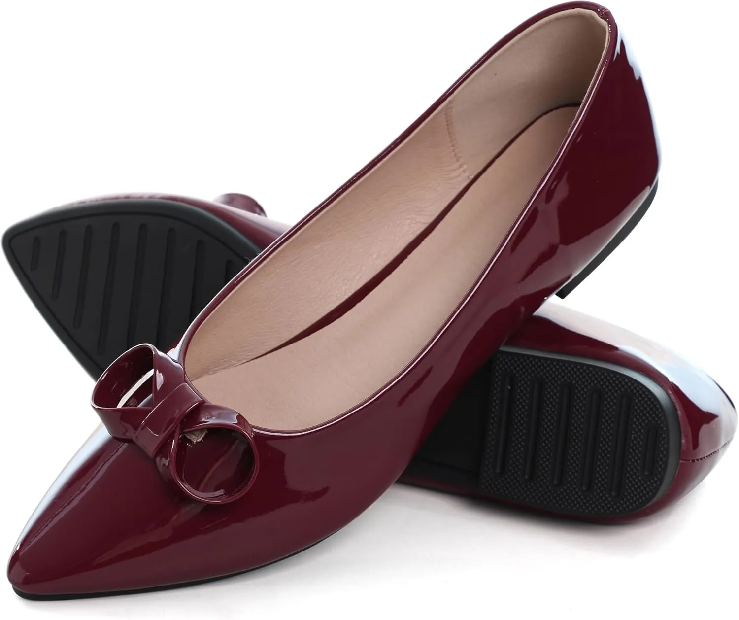 SAILING LU Womens Pointed Toe Shoes PU Ballet Flats Bow-Knot Dress Shoes Slip-on Comfortable Wear to Work Walking Flat Slip-ons