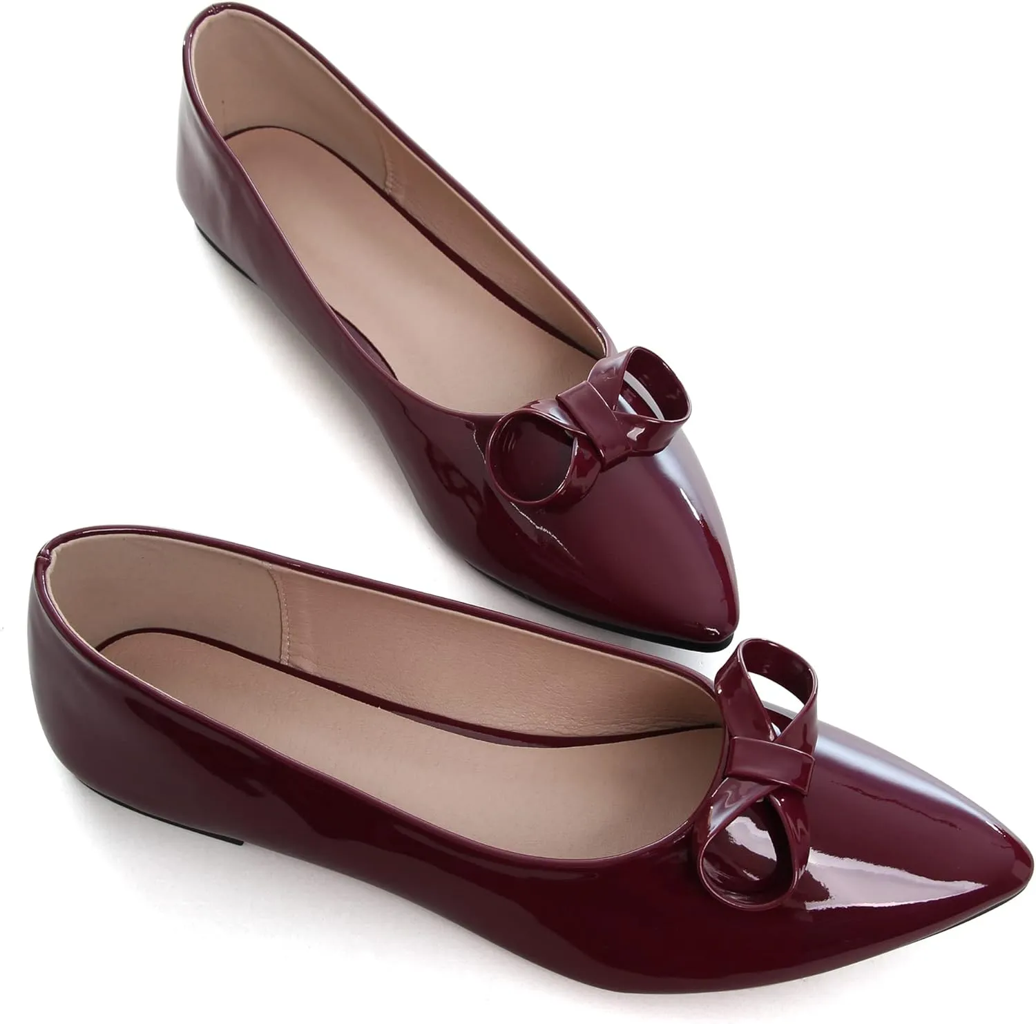SAILING LU Womens Pointed Toe Shoes PU Ballet Flats Bow-Knot Dress Shoes Slip-on Comfortable Wear to Work Walking Flat Slip-ons