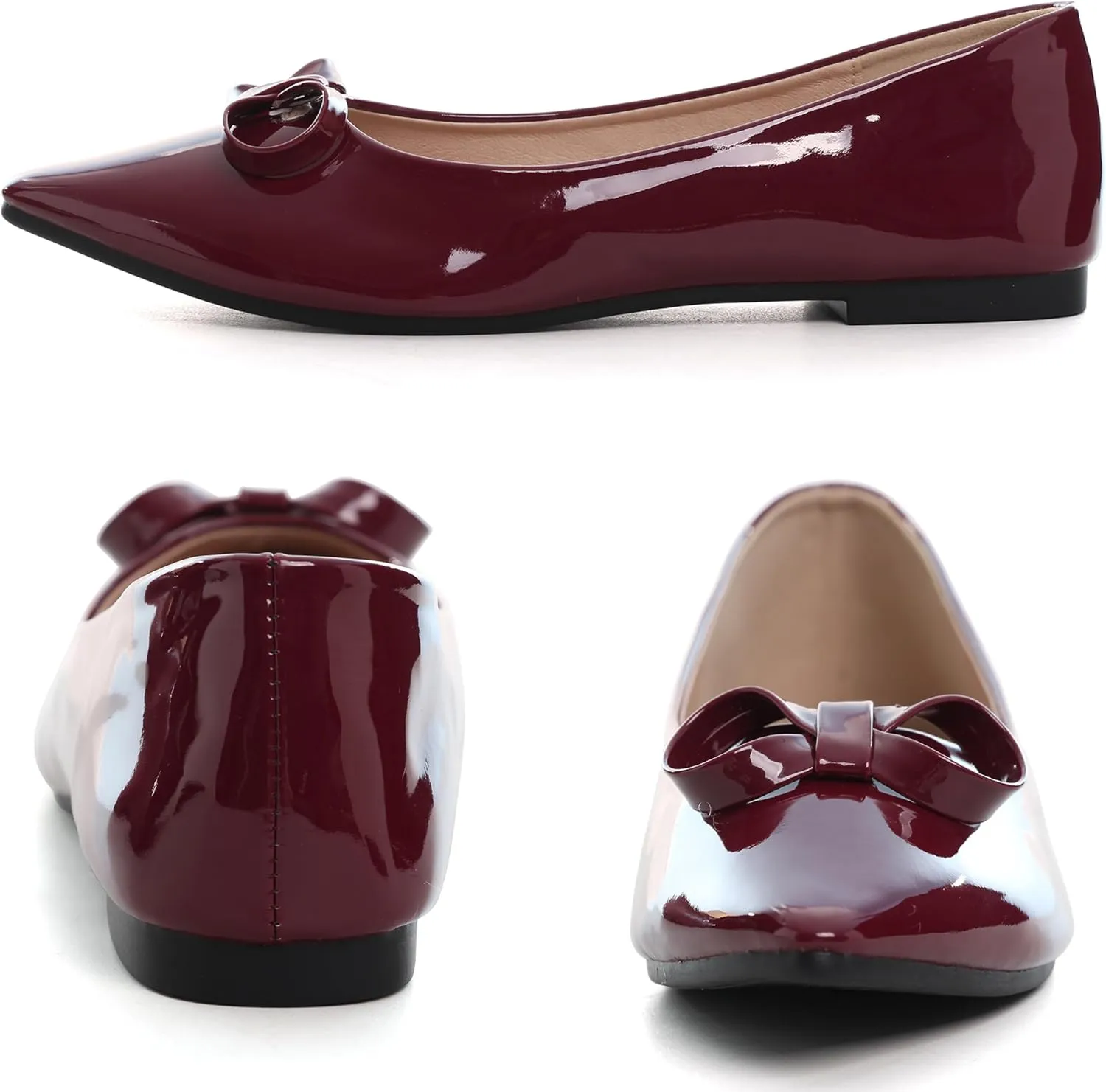SAILING LU Womens Pointed Toe Shoes PU Ballet Flats Bow-Knot Dress Shoes Slip-on Comfortable Wear to Work Walking Flat Slip-ons