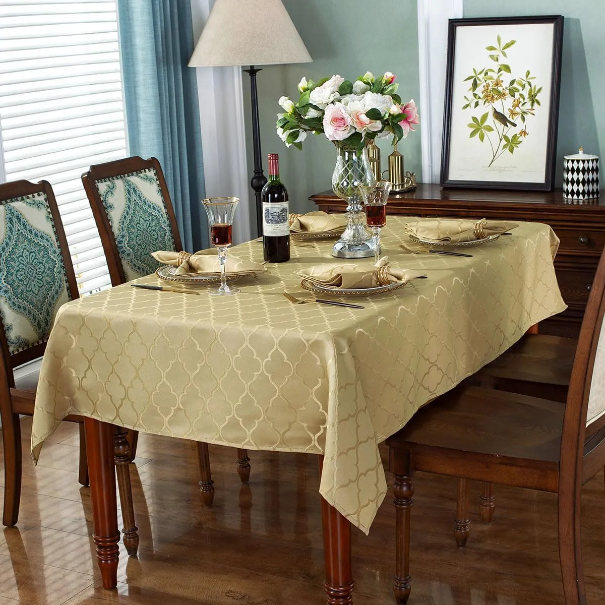 SASTYBALE Jacquard Tablecloth Flower Pattern Polyester Table Cloth Spill Proof Dust-Proof Table Cover for Kitchen Dining Tabletop Decoration (Rectangle, 60" x 84" (6-8 Seats), Christmas Gold)