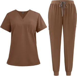 Scrubs for Women Set Stretch V-Neck Scrub Tops & Cargo Pant Quick Drying Solid Medical Nurse Uniform with Pockets