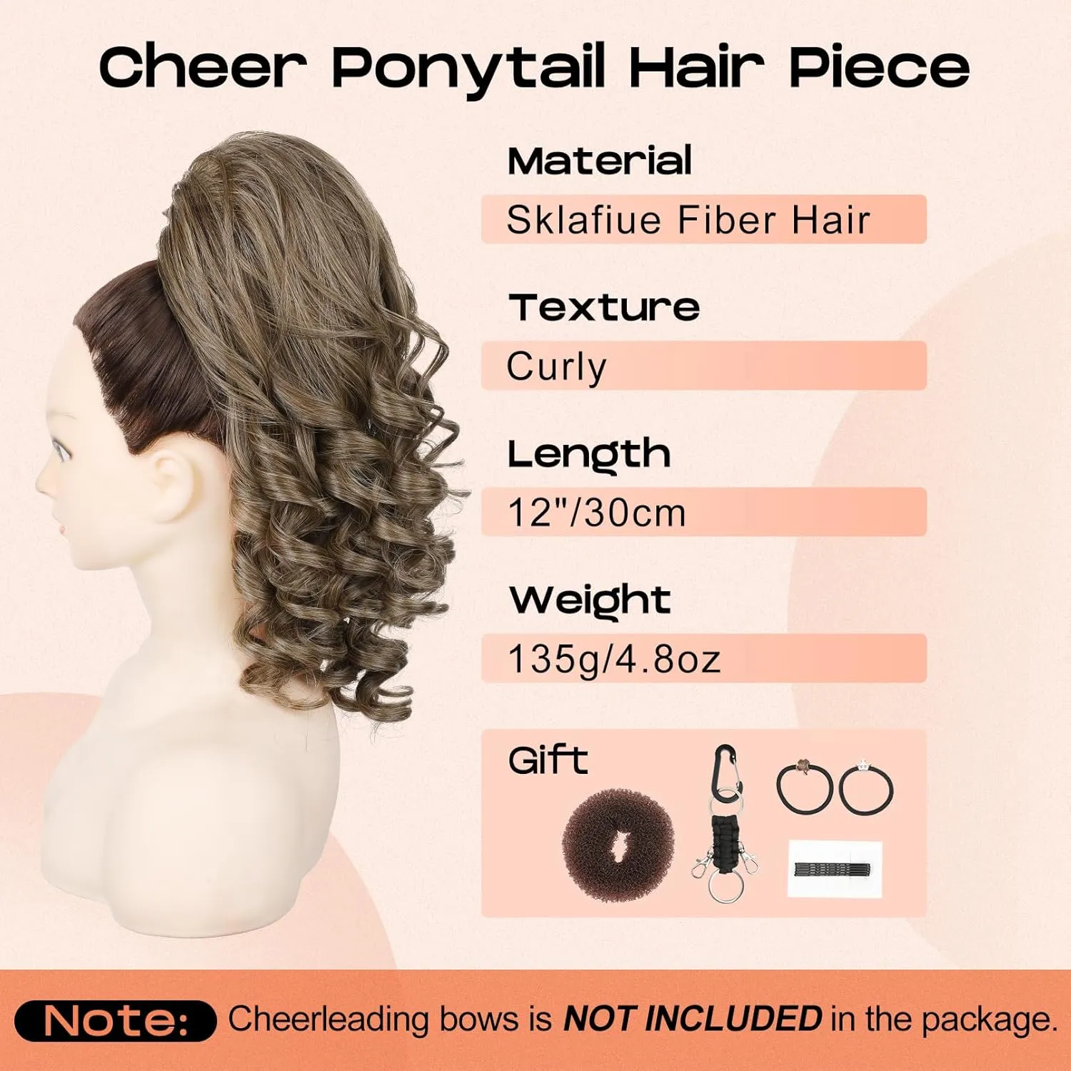 SEIKEA Cheer Ponytail Hair Piece, 14" Curly Cheerleader Hairpiece Ponytail Extension for Cheerleader Competition, Dance Ash Blonde