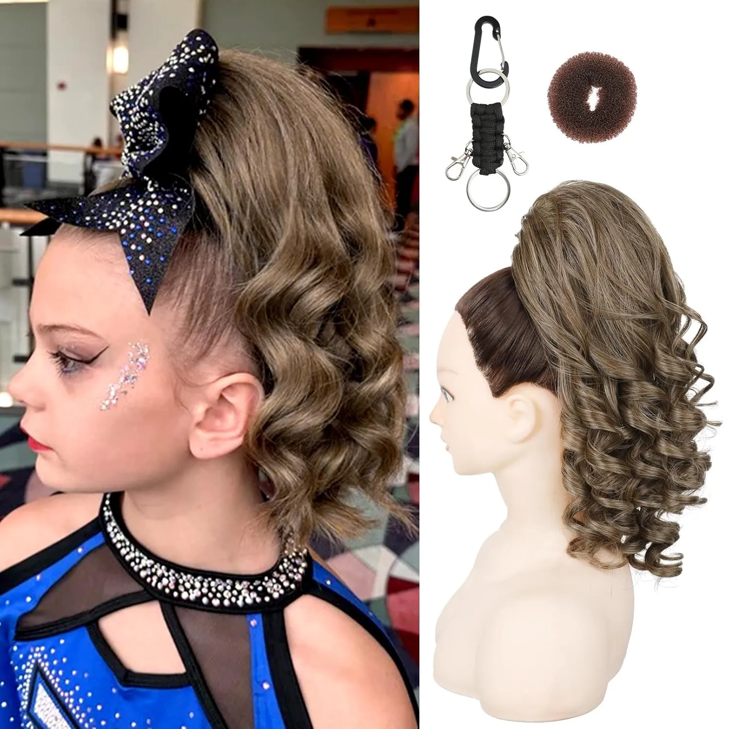 SEIKEA Cheer Ponytail Hair Piece, 14" Curly Cheerleader Hairpiece Ponytail Extension for Cheerleader Competition, Dance Ash Blonde
