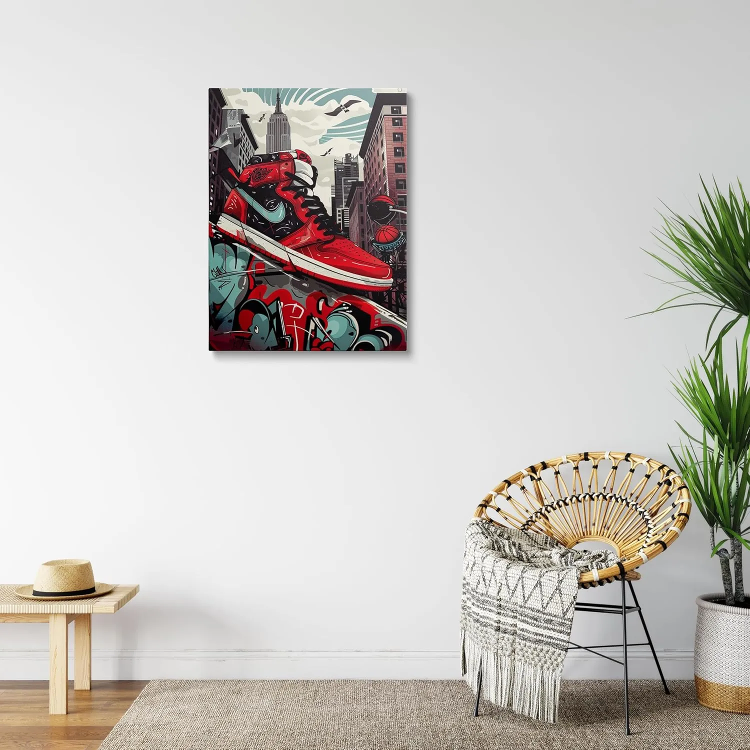 Sendata Framed Trendy Cool Banksy Graffiti Pop Sneaker Shoe Canvas Wall Art Gym Sports Decor Poster For Living Room Bedroom Home Office Artwork Gift Ready To Hang (12''X16'')