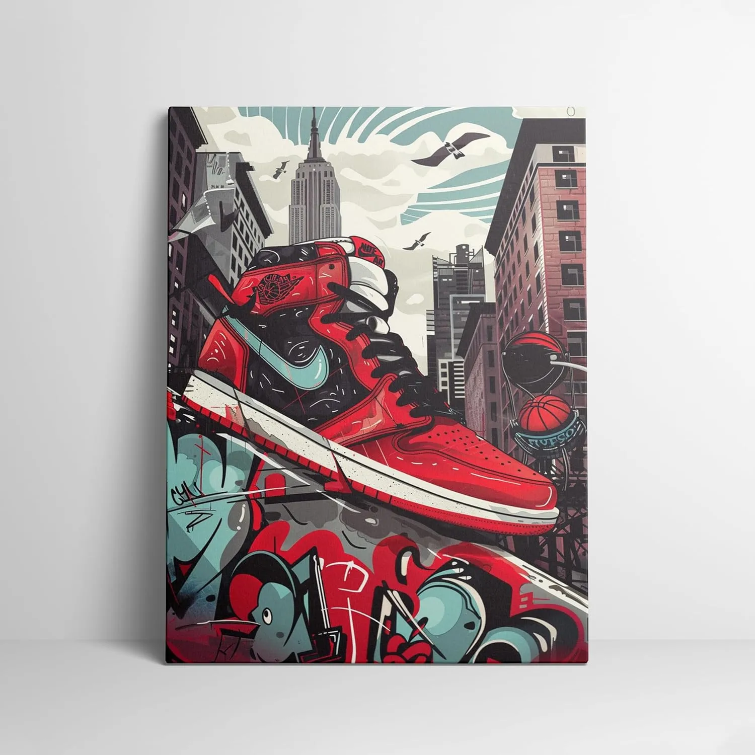 Sendata Framed Trendy Cool Banksy Graffiti Pop Sneaker Shoe Canvas Wall Art Gym Sports Decor Poster For Living Room Bedroom Home Office Artwork Gift Ready To Hang (12''X16'')