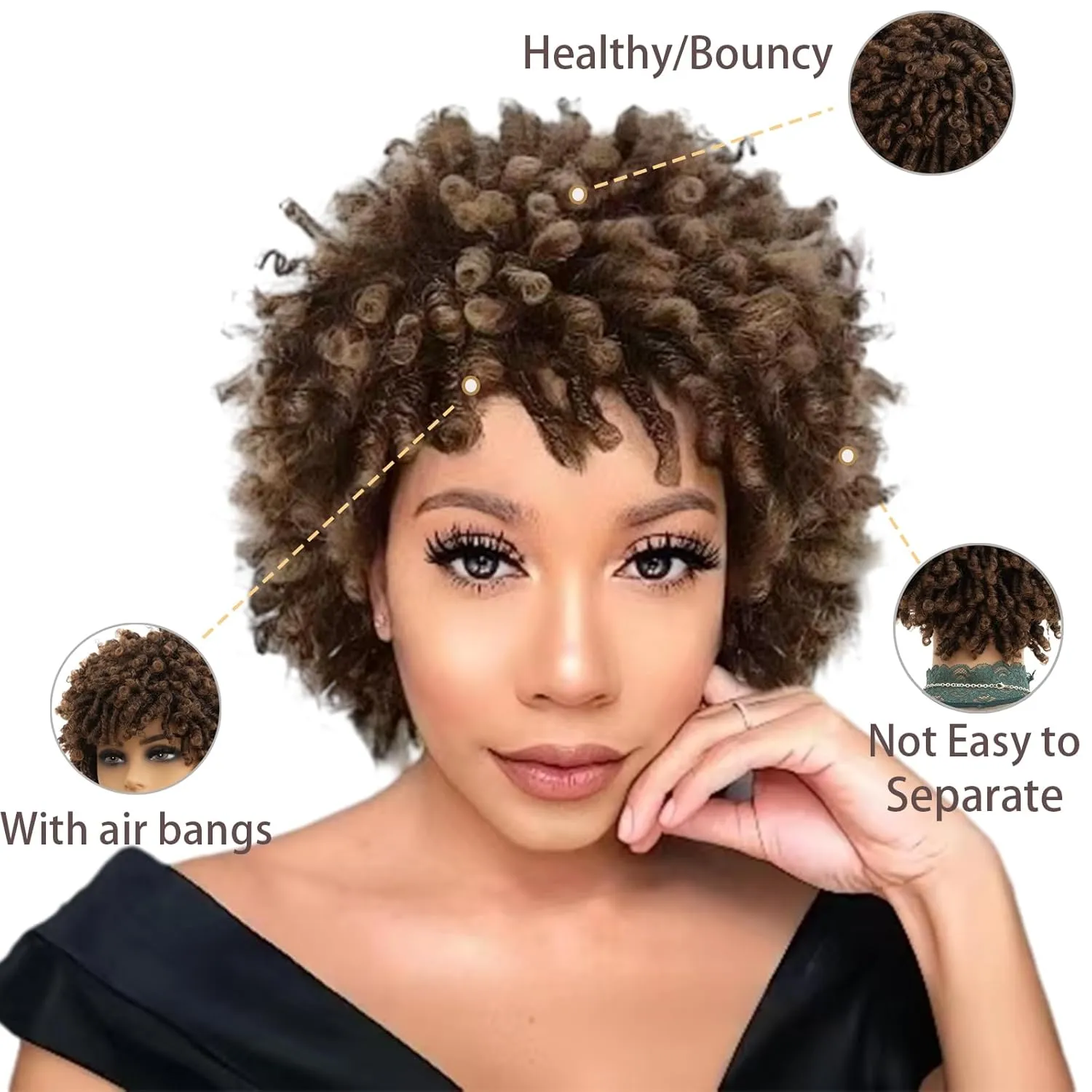 Short Curly Ombre Brown Afro Wig for Black Women, Braided Dreadlock Synthetic Hair Glueless, African American Women's Natural Style