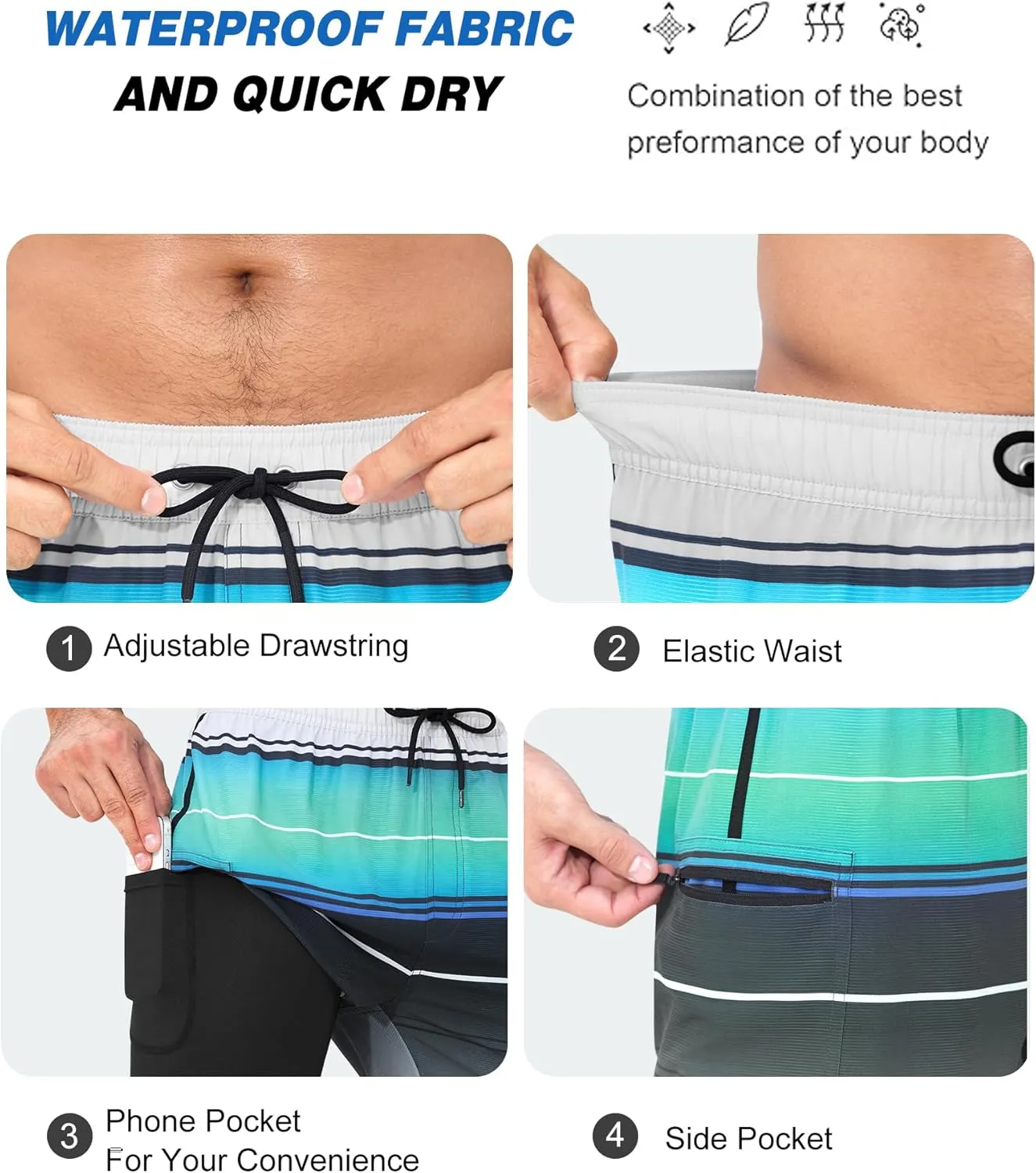 SILKWORLD Mens Swim Trunks with Compression Liner 9 Inch Long Bathing Suit 2 in 1 Beach Quick Dry Shorts with Pockets