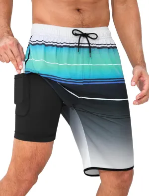 SILKWORLD Mens Swim Trunks with Compression Liner 9 Inch Long Bathing Suit 2 in 1 Beach Quick Dry Shorts with Pockets