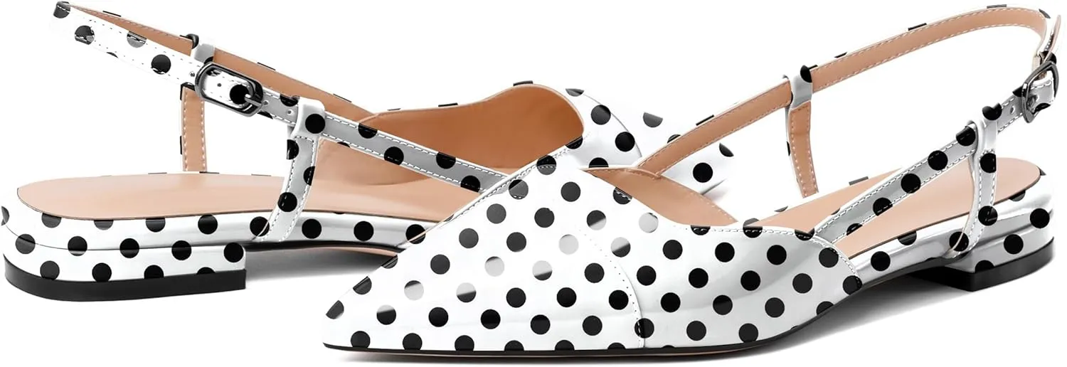 Soireelady Women's Pointed Toe Slingback Flats Ankle Strap Cap Toe Flats Leisure Walking Travel Office Ballet Flat Shoes