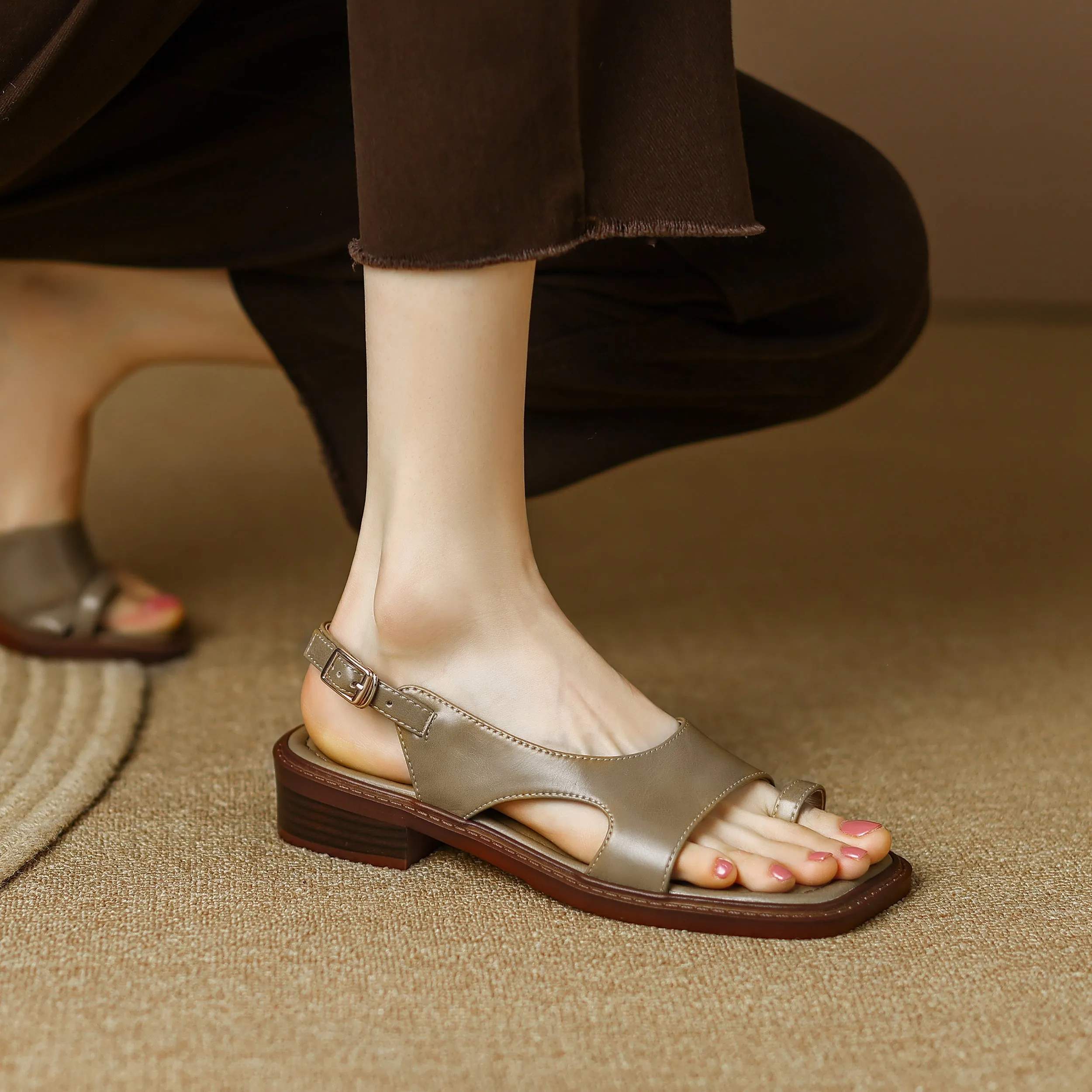 Summer Leather Toe Ring Slingback Flat Sandals