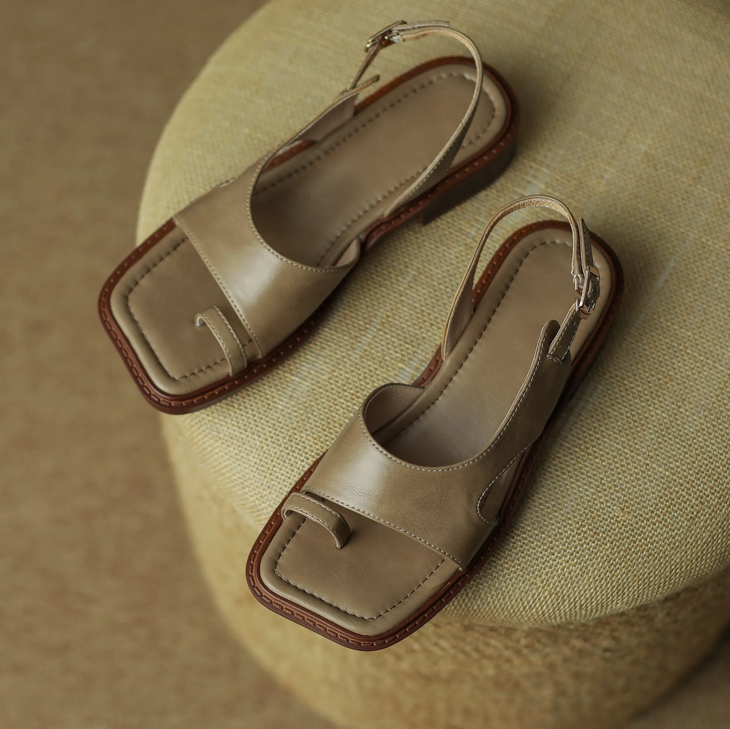 Summer Leather Toe Ring Slingback Flat Sandals