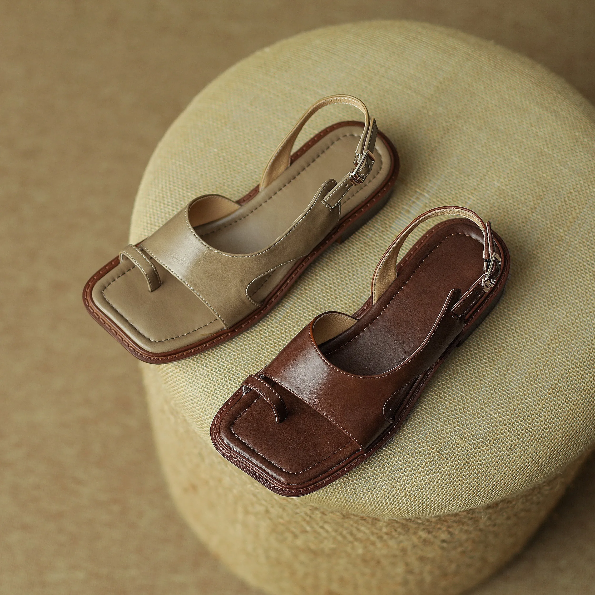 Summer Leather Toe Ring Slingback Flat Sandals