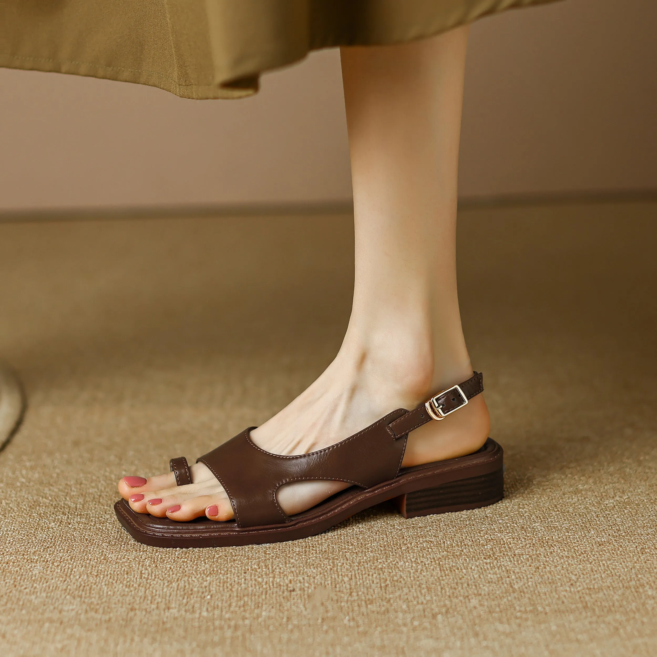 Summer Leather Toe Ring Slingback Flat Sandals