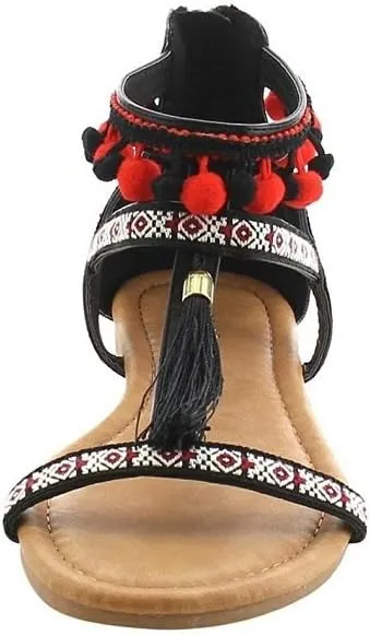 T-Strap Bohemian Tassel Pom Pom Zipper Flat Sandals