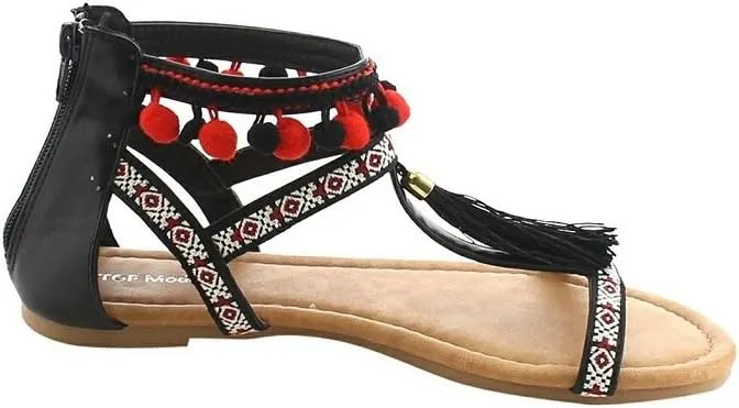 T-Strap Bohemian Tassel Pom Pom Zipper Flat Sandals
