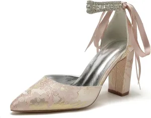 Wedding Shoes for Bride Closed Toe Block Heel Womens High Heels Pointed Toe Pumps Bridal Shoes Bowknot Strap Pearl Sandals Floral Satin Evening,Pink,7
