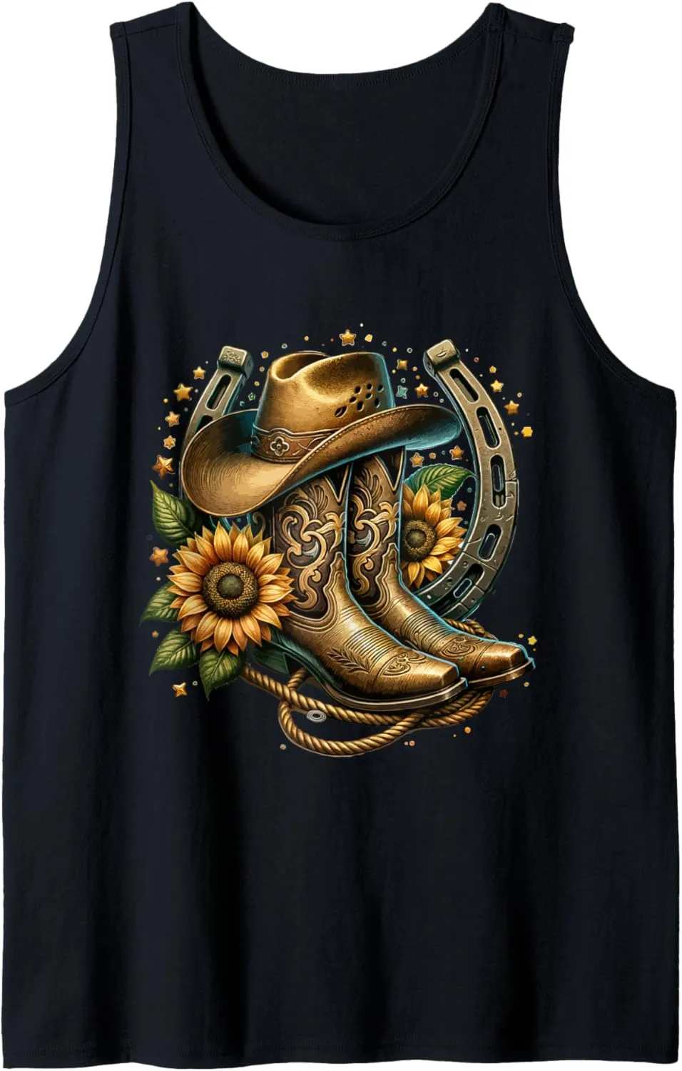 Western Cowboy Boot Horseshoe Sunflower Rope Cowgirl Boot Tank Top