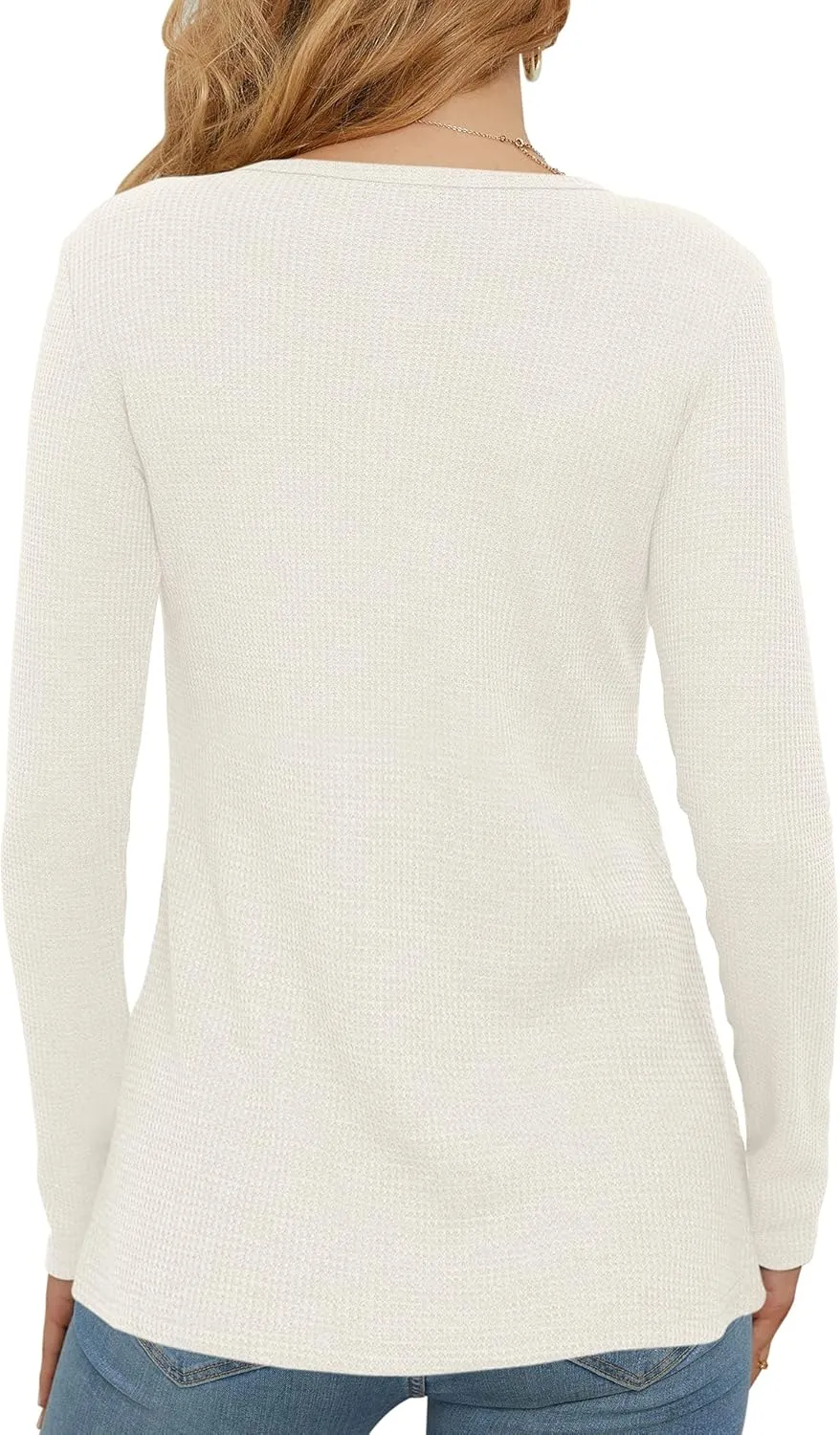 WNEEDU Women's Waffle Knit Tops Casual Long Sleeve Blouses Slim Fit Button Down V Neck Henley Shirt