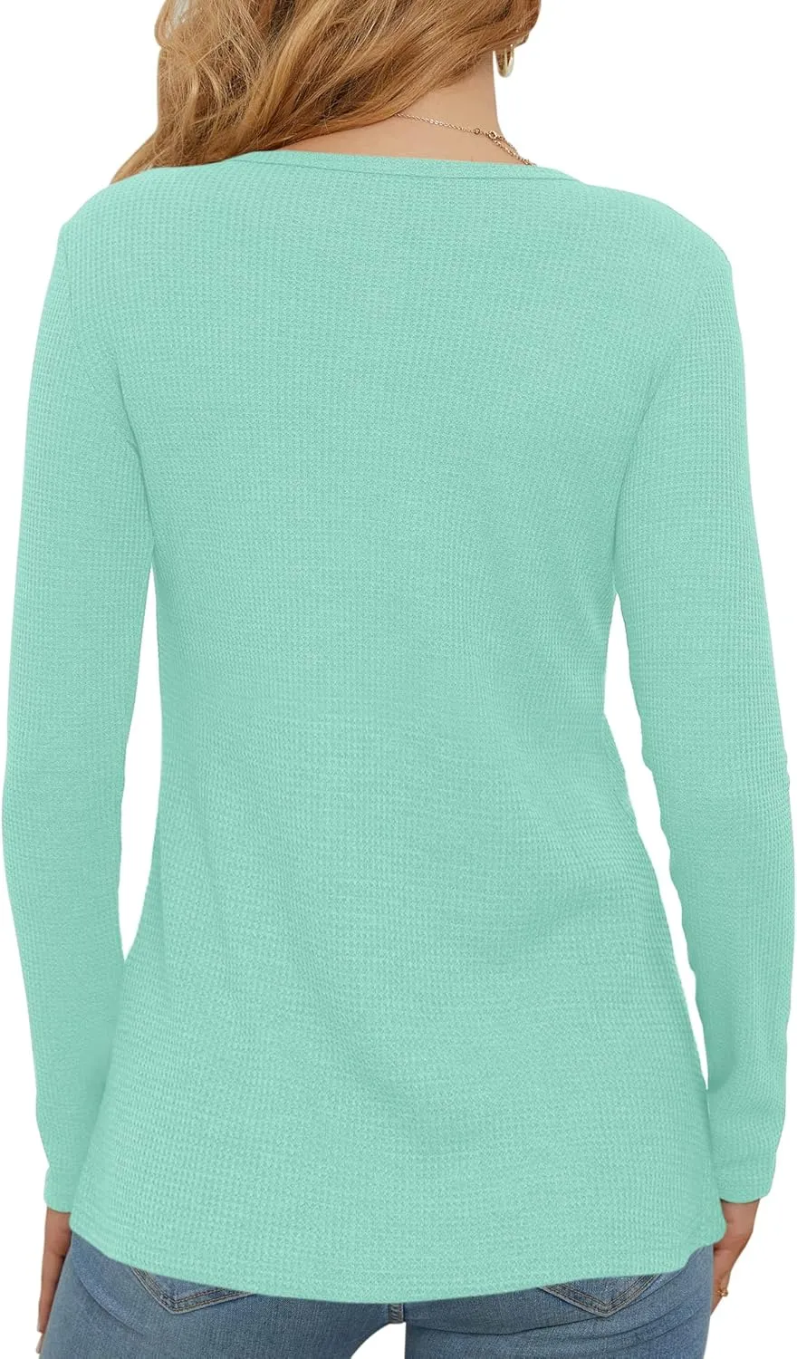 WNEEDU Women's Waffle Knit Tops Casual Long Sleeve Blouses Slim Fit Button Down V Neck Henley Shirt