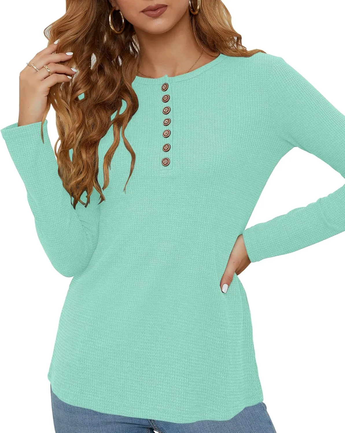 WNEEDU Women's Waffle Knit Tops Casual Long Sleeve Blouses Slim Fit Button Down V Neck Henley Shirt