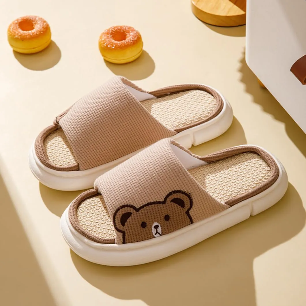 Women Animal Cartoon Rabbit Shape Linen Slippers Four Seasons Cute and Comfortable Thick Sole Soft Indoor Outdoor Plush Home Shoes