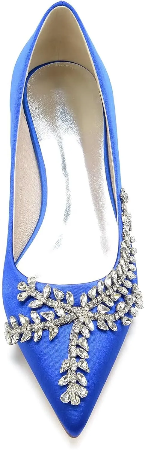 Women Comfort Flats with Rhinestone Satin Wedding Shoes Pointed Toe Slip On Prom Evening Party Dress Shoes Pumps Ballet Flats Low Heels
