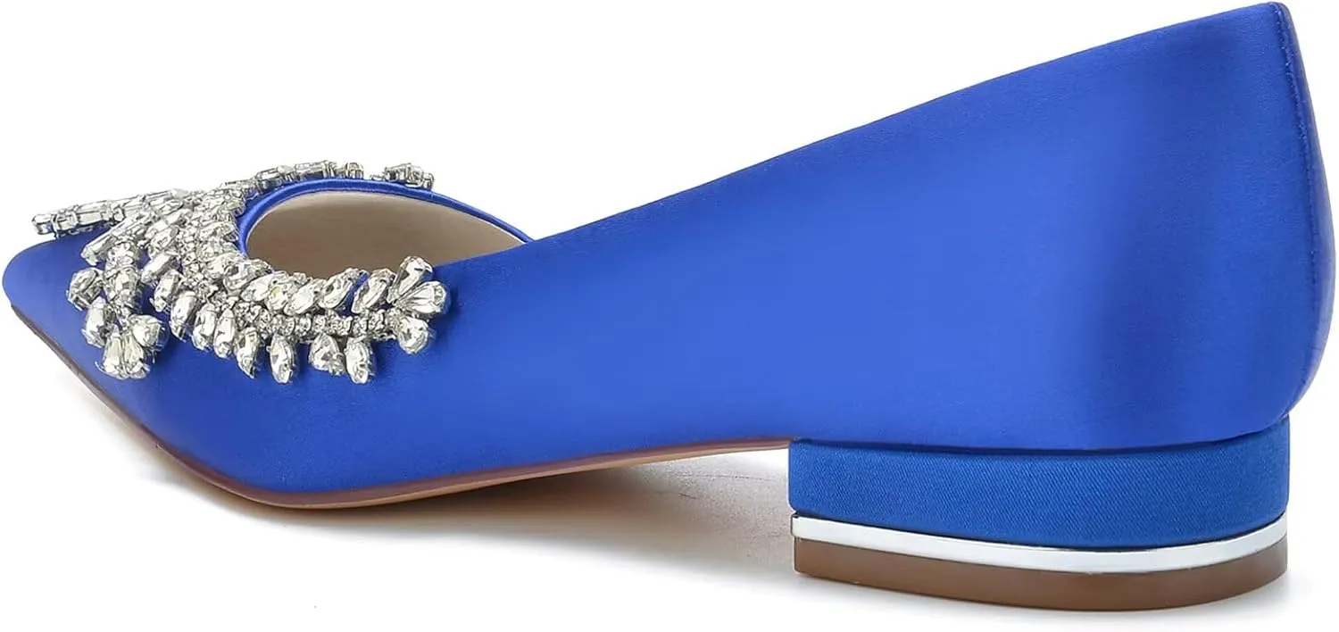 Women Comfort Flats with Rhinestone Satin Wedding Shoes Pointed Toe Slip On Prom Evening Party Dress Shoes Pumps Ballet Flats Low Heels