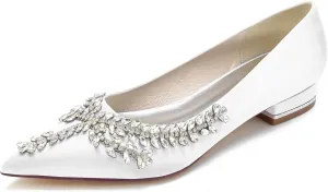 Women Comfort Flats with Rhinestone Satin Wedding Shoes Pointed Toe Slip On Prom Evening Party Dress Shoes Pumps Ballet Flats Low Heels