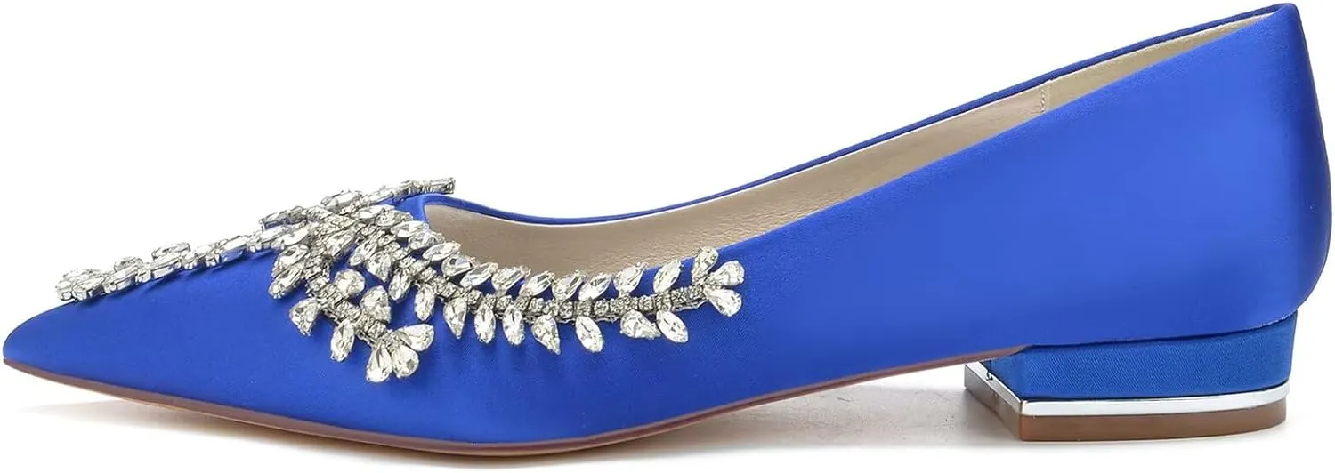 Women Comfort Flats with Rhinestone Satin Wedding Shoes Pointed Toe Slip On Prom Evening Party Dress Shoes Pumps Ballet Flats Low Heels