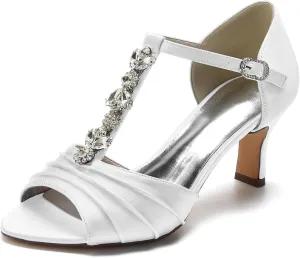 Women Rhinestones T-Strap Bridal Shoes Satin Mid Heel Wedding Dress Shoes Peep Toe Evening Prom Party Heeled Sandals