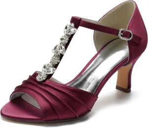 Women Rhinestones T-Strap Bridal Shoes Satin Mid Heel Wedding Dress Shoes Peep Toe Evening Prom Party Heeled Sandals