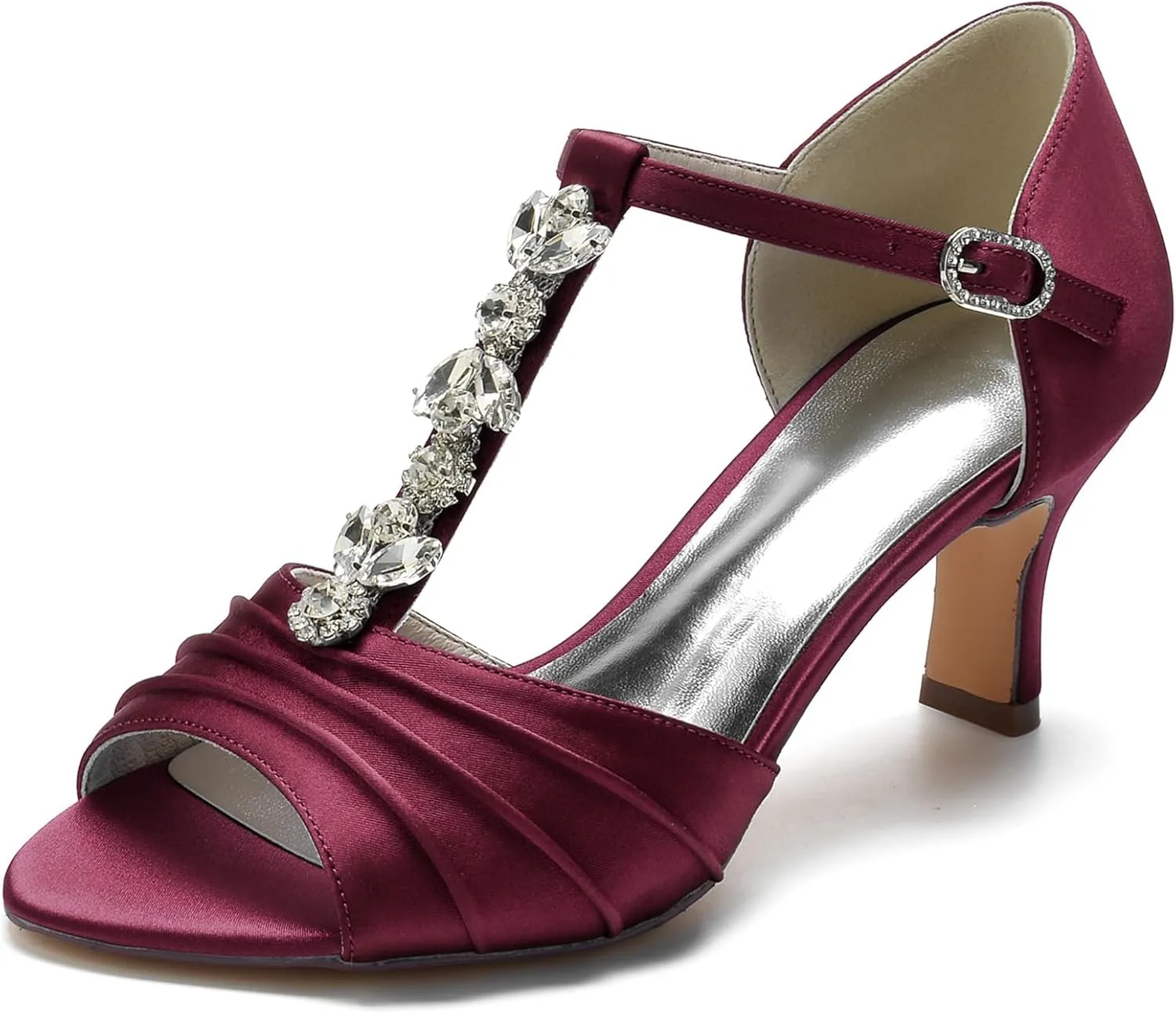 Women Rhinestones T-Strap Bridal Shoes Satin Mid Heel Wedding Dress Shoes Peep Toe Evening Prom Party Heeled Sandals