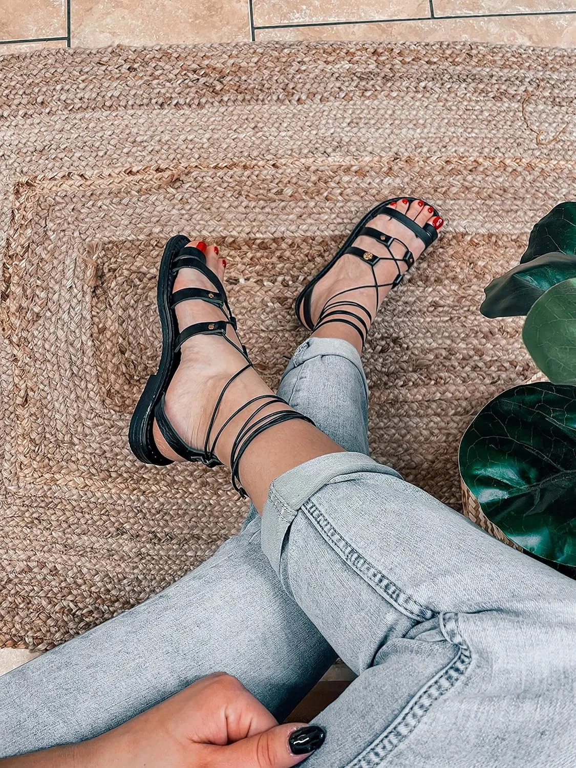 Women's Black Lace Up Leather Sandals, Flat Black Sandals for Women, Lace Up Women's Sandals Handmade, Leather Handmade Greek Sandals (10)